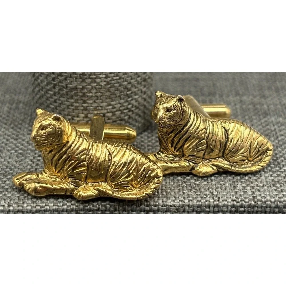 Vintage Figural Tiger Cat Cufflinks Gold Tone Unique Statement Men's Accessory